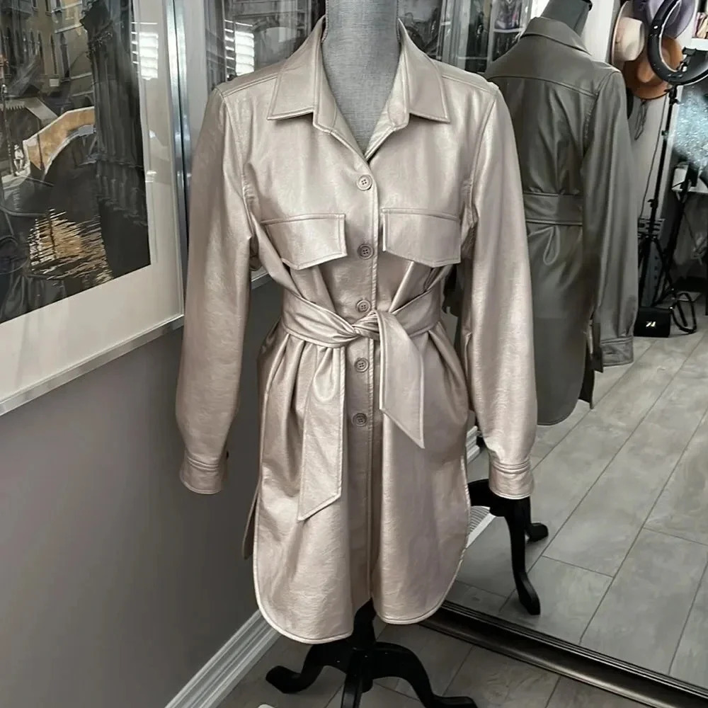 BRIAN BAILEY NWT Faux Leather Shacket Lined with Tie Belt, Size L